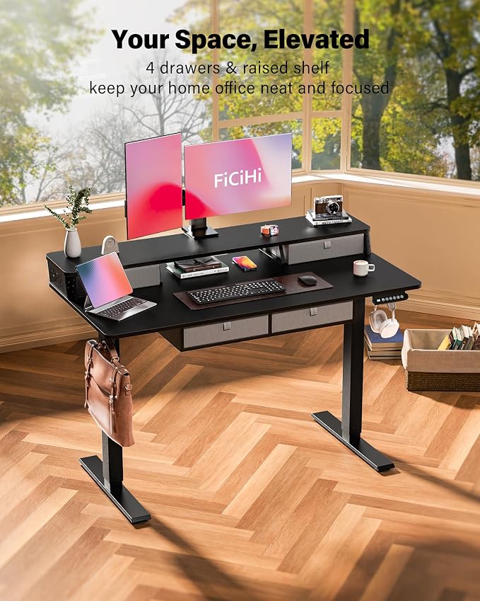 FiCiHi Electric Standing Desk with Four Drawers, 48 x 24 Inch Adjustable Height Sit Stand Desk, C-Clamp Compatible Home Office Desk with Storage Shelf &Monitor Stand Riser, Classical Black