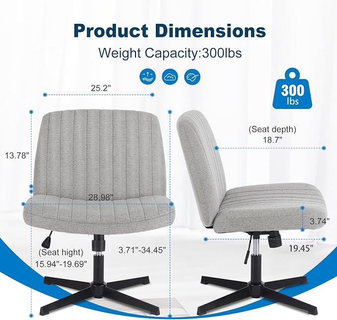 DUMOS Criss Cross Chair No Wheel Legged Office Wide Comfy Desk Vanity Chair, Armless Computer Task Seating PU Leather, Swivel Home Height Adjustable for Bedroom, Study, Grey No Wheel