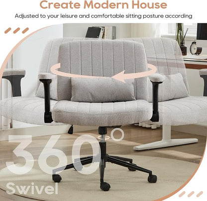 IPKIG Criss Cross Chair with Adjustable Flip-up Arms, Vanity Chair with Wheels, Comfy Desk Chair with Lumbar Pillow Swivel Wide Office Chair for Home Office, Bedroom, Chenille, Light Grey
