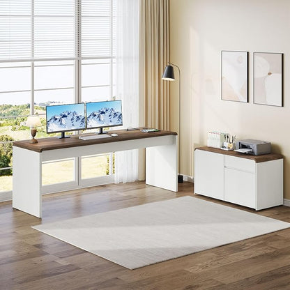 Mid-Century Modern 78" L-Shaped Executive Desk with Independent Mobile File Cabinet, Large Home Office Desk with Drawers and 4 AC + 2 USB Power Outlets, Waterfall Edge Design, White & Walnut