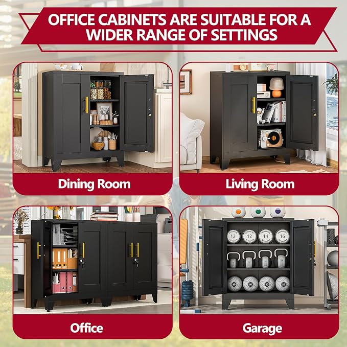 Black Metal Storage Cabinet, 36" Steel Locker Cabinets for Home Office, Locking Storage with Doors and 2 Adjustable Shelves, Utility Cabinet, for Office, Home, Garage, School