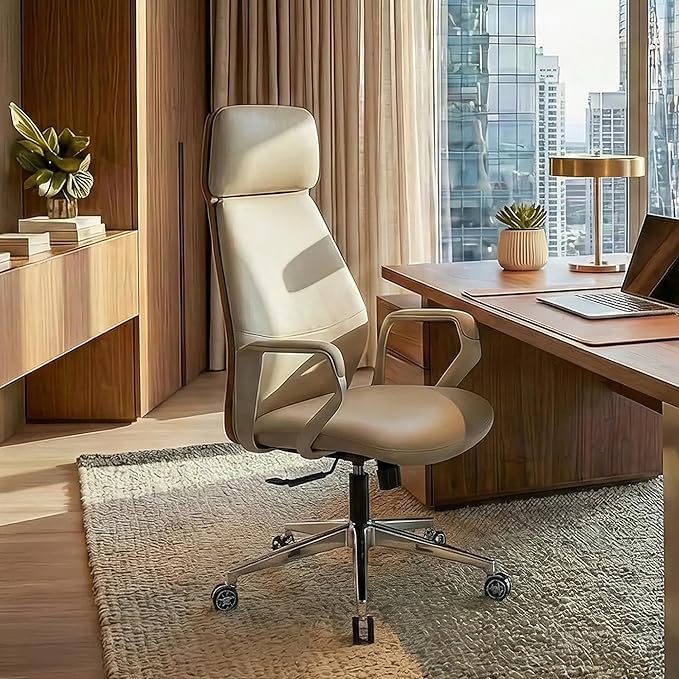 EUREKA ERGONOMIC Aric Executive Office Chair, High Back PU Leather Desk Chair with Lumbar Support, Professional Modern Home Office Chair with Large Headrest & 3-Position Recline, Beige