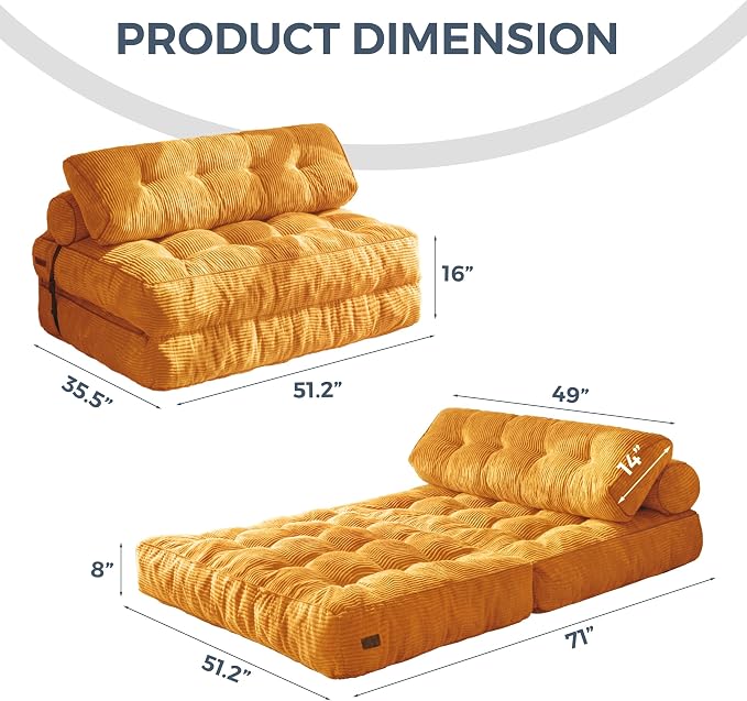 MAXYOYO Folding Sofa Bed, Convertible Chair with Pilow, Portable Fold Out Chair Bed with Back Support Comfy Floor Sofa Lounge for Living Room Bedroom, Orange, Double