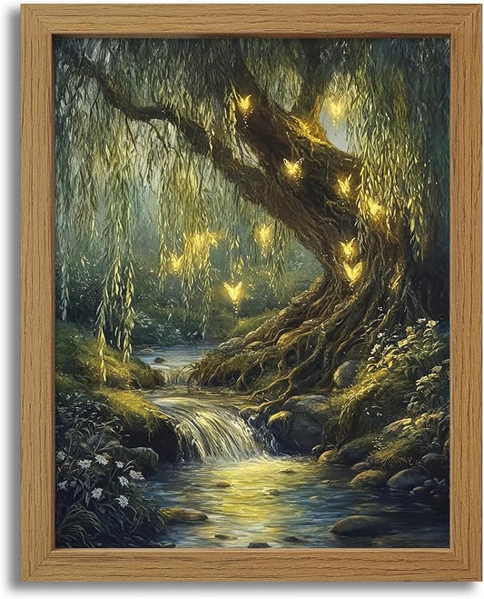 CXQILVER Vintage Enchanted Forest Framed Canvas Wall Art, Mystical Willow Tree and Glowing Butterflies Landscape Painting, Dark Cottagecore Nature Wall Decor for Bedroom Living Room Bathroom 8x10in