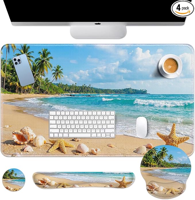 Britimes Beach Tropical Coastal Keyboard Mouse Pad Set Ocean Seashell 4in1 Large Mousepad+Keyboard Wrist Rest+Mouse Wrist Rest+Coaster Ergonomic Design for Home Office Computer 35.4x15.7 inches