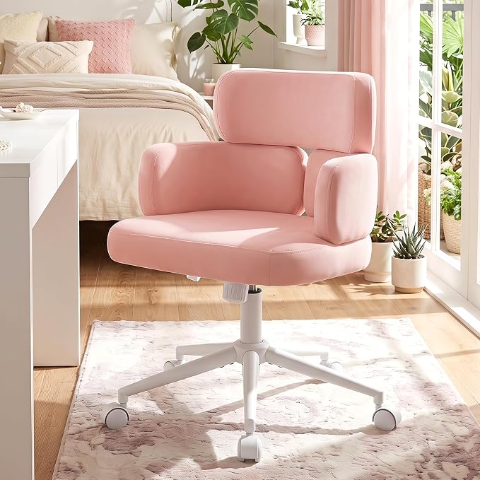 Home Office Chair, Pink Desk Chair with Unique Curved Back and Wide Seat, Swivel Tilt Height Adjustable Computer Chair with Wheels, Plush Velvet Fabric for Vanity, Metal Base