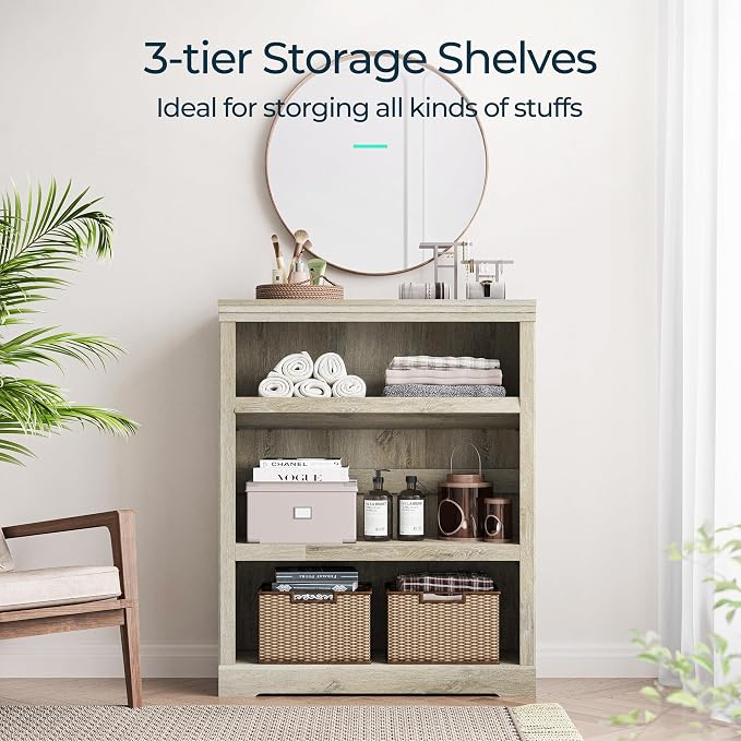 LINSY HOME 3-Tier Bookshelf, Small Wood Display Storage Shelves Farmhouse Bookshelf for Home Office, Living Room, Bed Room - Washed Grey