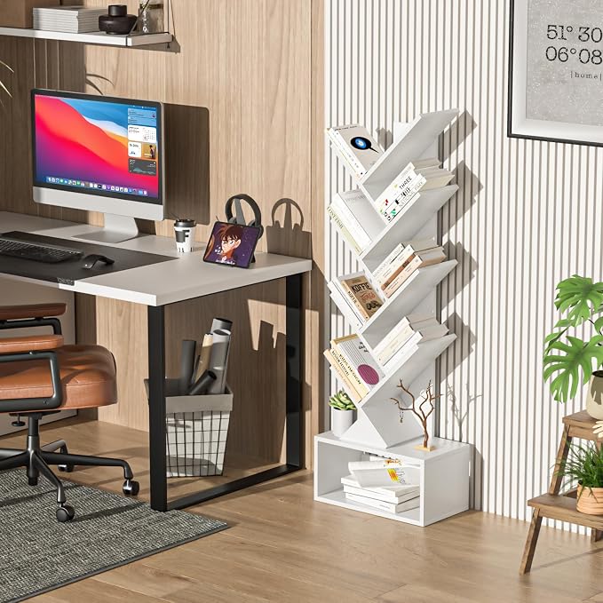 SHEEPAM 9 Tier Tree Bookshelf,Christmas Green Bookcase for Narrow Space, Storage Organizer Floor Standing Bookshelves for Books, Tall Book Case for Home Office, Living Room, Bedroom