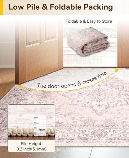 RELEANY Area Rugs Small 2'x3' Washable Non-Slip, Floral Vintage Distress Medallion Carpet for Kitchen Entryway Bathroom, Pink Greypink Cute