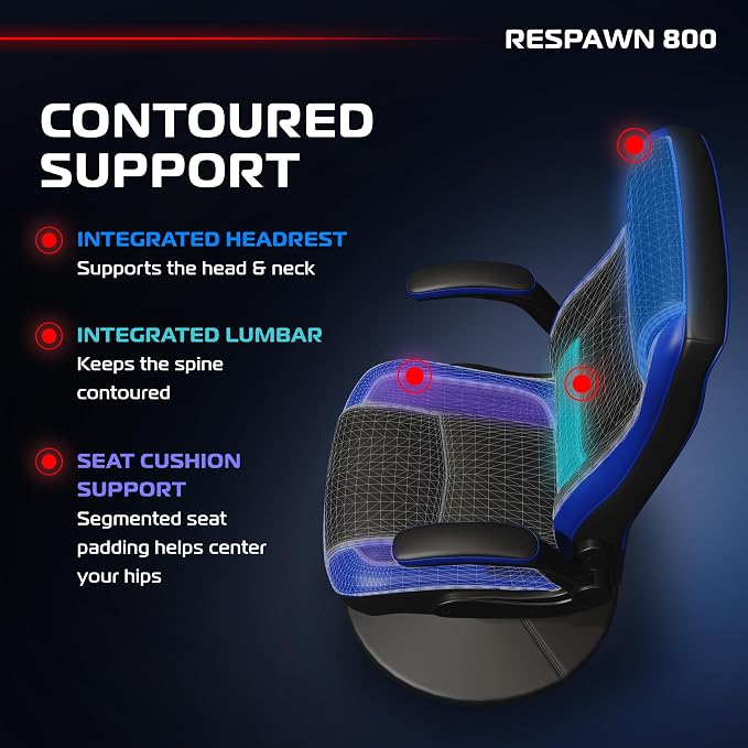 RESPAWN 800 Swivel Rocker Gaming Chair - Ergonomic Floor Gaming Seat with Lumbar Support, Flip Up Armrest, High Back, Pedestal Base, Comfortable No Wheels Console Video Game Rocker Chair - Blue