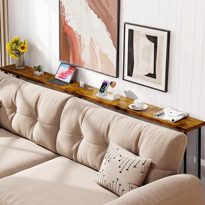 GRLEAF 63" Narrow Console Sofa Table with Built-in Power Strip (2 AC Outlets & 2 USB Ports) – 4.9ft Power Cord, Metal Frame, Easy Assembly, Ideal for Behind Couch, Hallway, and Office | Rustic Brown