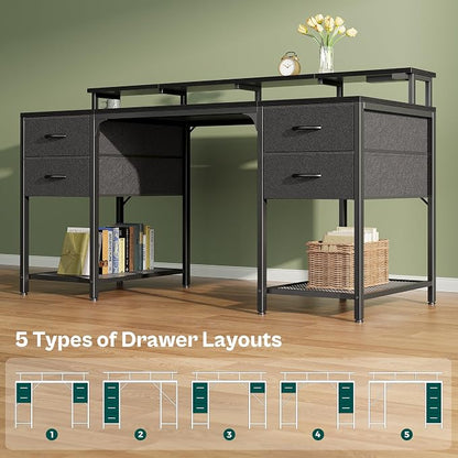Huuger 63 inch Computer Desk with 4 Drawers, Gaming Desk with LED Lights & Power Outlets, Home Office Desk with Large Storage Space for Bedroom, Work from Home, Black