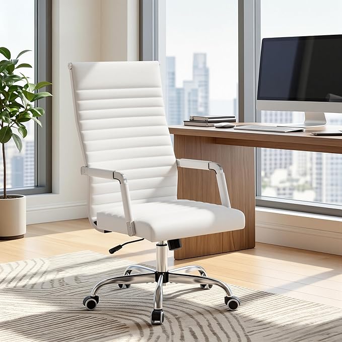Furmax Ribbed Office Chair High Back PU Leather Executive Conference Chair Adjustable Swivel Chair with Arms (White)
