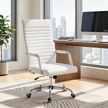 Furmax Ribbed Office Chair High Back PU Leather Executive Conference Chair Adjustable Swivel Chair with Arms (White)