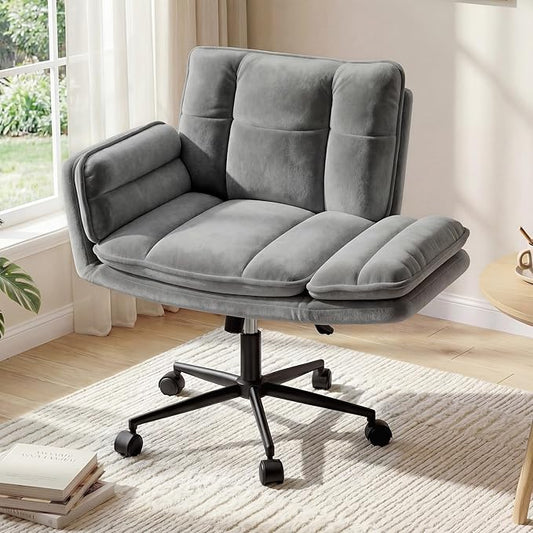 Criss Cross Chair with Wheels, Ergonomic Office Chair with Adjustable Armrests, Vanity Chair with Back for Bedroom, Makeup Room and Office Room, Grey