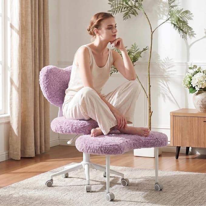 Cross Legged Office Chair with Wheels, 360 Swivel Height-Adjustable Meditation Chair with Lumbar Support, Artificial Rabbit Hair Fabric, Violet