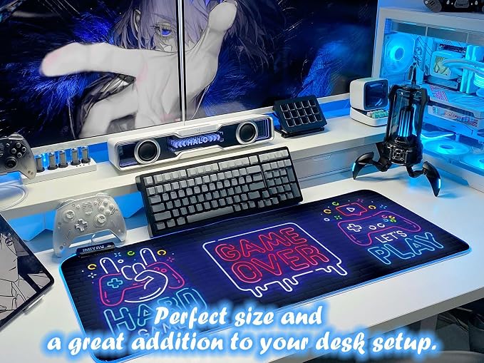 JMIYAV Black Gaming Mouse Pad RGB Mousepad Non-Slip Rubber Base Extra Large Cool XL XXL Computer Desk Pad Gaming Accessories Setup LED Light Up Big Mouse Pad for Gamer Gaming Over (31.5x12In)