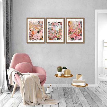 Floral Wall Art Set of 3, Colorful Flower Market Canvas Wall Decor Paintings, Pink Wildflower Botanical Posters Prints Pictures Artwork for Bedroom Living Room 16x24 Inch Wood Framed