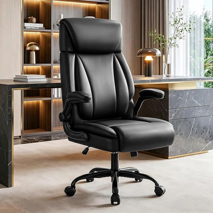 BestGlory Ergonomic Office Chair, PU Leather Executive Desk Chair with Adjustable Headrest, Flip-Up Arms and Lumbar Support, High Back Computer Chair for Home Office, Remote Work, Gaming, Black