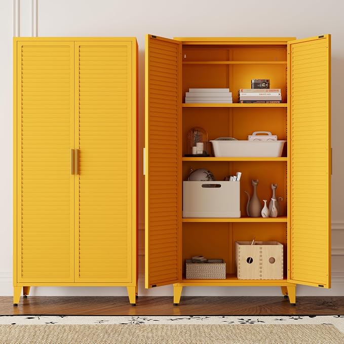 61" Tall Metal Pantry Cabinet with Lock and 3 Adjustable Shelves,Freestanding Heavy Duty Steel Storage Locker,Yellow Metal Cabinets for Kitchen,Living Room,Home 61" H X 27.6" W X 13.8" D