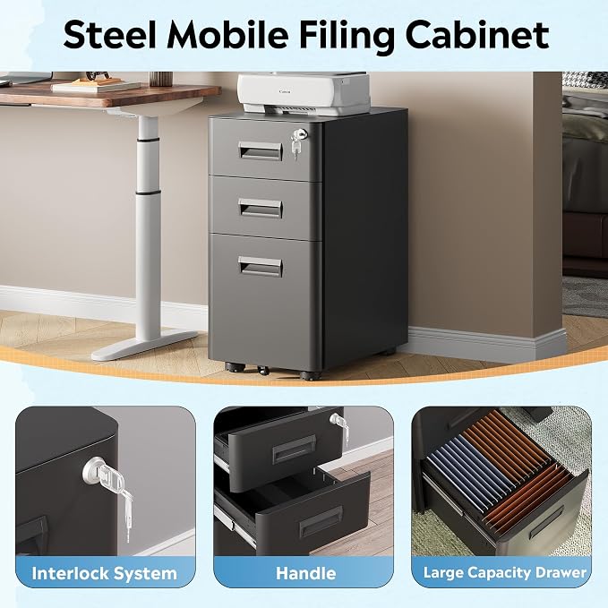 DEVAISE 3 Drawer File Cabinet with Lock, Under Desk Metal Filing Cabinet with Wheels for Home Office Organizer Letter/Legal/A4, Fully Assembled Except Casters, Black
