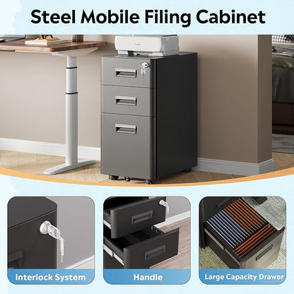 DEVAISE 3 Drawer File Cabinet with Lock, Under Desk Metal Filing Cabinet with Wheels for Home Office Organizer Letter/Legal/A4, Fully Assembled Except Casters, Black