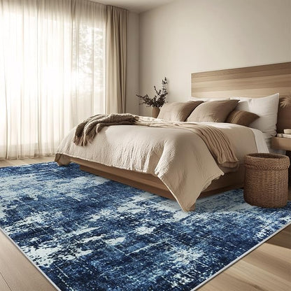 8x10 Area Rug Living Room Rugs - Washable Rug Large Modern Abstract Soft Thin Carpets Indoor Floor No Slip Vintage Carpet for Bedroom Under Dining Table Nursery Home Office Decor Deep Blue
