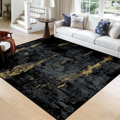 RELEANY Washable Area Rugs Square 8ft Non-Slip Modern Abstract Soft for Living Room Entryway Bedroom Kitchen, Print Pattern, Dark Black Gold
