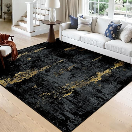 RELEANY Washable Area Rugs Square 8ft Non-Slip Modern Abstract Soft for Living Room Entryway Bedroom Kitchen, Print Pattern, Dark Black Gold