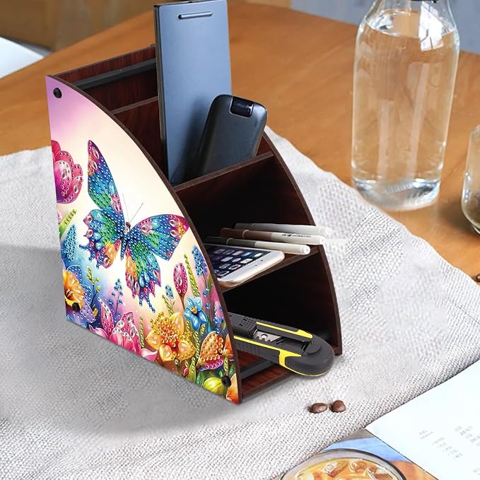 DIY Diamond Painting Storage Box with 4 Compartments, Butterfly-Themed Diamond Art Curved Wooden Organizer for Remote Controllers, Office Supplies, Makeup Brush, Media Accessories