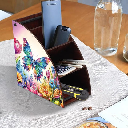 DIY Diamond Painting Storage Box with 4 Compartments, Butterfly-Themed Diamond Art Curved Wooden Organizer for Remote Controllers, Office Supplies, Makeup Brush, Media Accessories