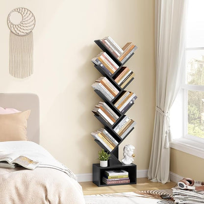 Hoctieon 9 Tier Tree Bookshelf, Tall Bookcase with Drawer, Wood Book Shelf, Modern Floor Standing Bookshelves, Book Organizer Shelves for Bedroom, Living Room, Home Office, Black