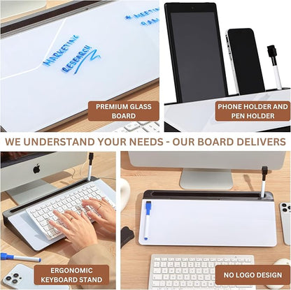 GAROOD Desktop Dry Erase Board with Storage (Black Base) Desk White Board Desk Board Glass Desktop White Board with Stand Home Office Organizer Phone Holder 15.8X7X2 inches