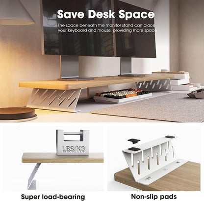 Fenge Dual Monitor Stand Riser, 42.5 Inch Desk Top Shelf for 2 Monitors, Computer Stands for Desk, Wood & Steel Desktop Riser for Laptop, PC, Printer