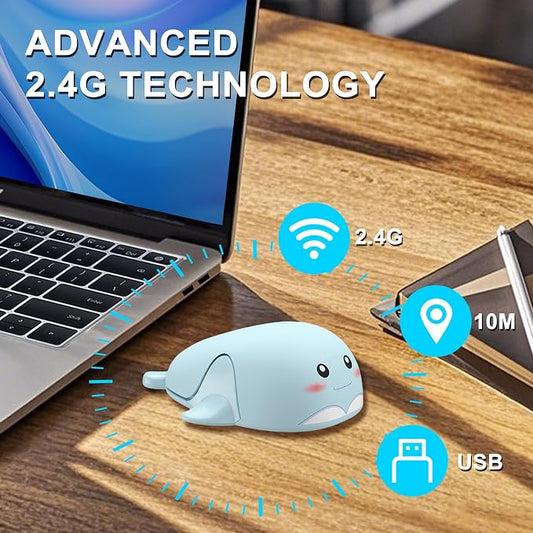 CHUYI Cute Animal Dolphin Shape Wireless Silent Mouse Frosted Cartoon Portable Travel Mute 1600DPI Novelty Optical Unique Cordless Quiet Mice for Computer Laptop PC Gift (1 Pack-Light Blue)