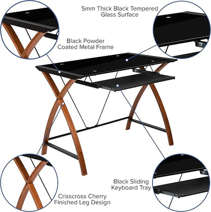 EMMA + OLIVER Black Glass Computer Desk with Pull-Out Keyboard Tray and Crisscross Frame