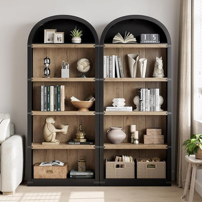 GarveeHome Bookcase 5 Shelf Arched Bookshelf 71.65in Tall Bookcase Farmhouse Display Storage Rack Wooden Bookshelves for Home Office, Living Room (Black/Natural)