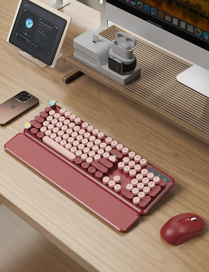 Wireless Keyboard and Mouse Combo - Cute Typewriter Keyboard with Detachable Wrist Rest, Retro Round Keycaps, Foldable Legs, 2.4GHz Full-Size Keyboard for PC, Laptop, Windows - Trueque (Wine Red)