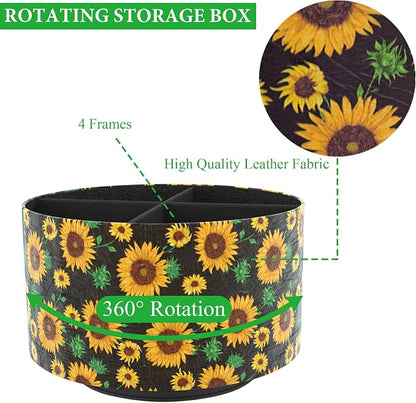Round Leather Art Supply Organizer,Remote Control Holder,360 Degree Rotating,Multi-Functional Pencil Holder,4 Compartments Desktop Stationary Organizer(1-Sunflower)