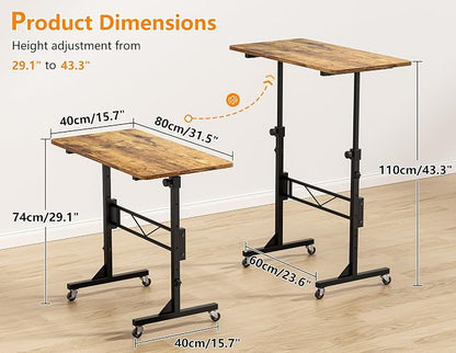 HOMIDEC Standing Desk, 32 Inch Portable Small Desk Adjustable Height, Rolling Home Office Desks with Wheels, Sit Stand Desk for Bedroom Walking Pad Home Office Small Space, Rustic