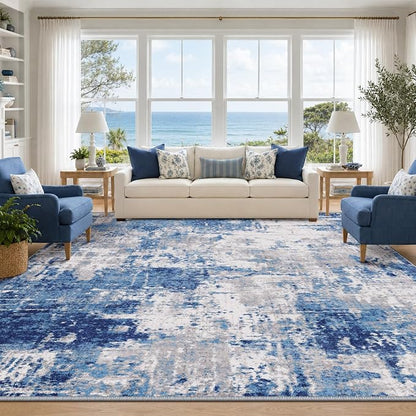 RELEANY Washable Area Rugs 8'x10' Non-Slip Modern Abstract Soft for Living Room Entryway Bedroom Kitchen, Print Pattern, Blue Grey Navy Gray