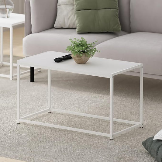 Furinno Camnus Coffee Table, Metal Frame White Coffee Table, Rectangular Wide Side Table, Easy Assembly, for Living Room, Bedroom, Home Office, Plain White/White