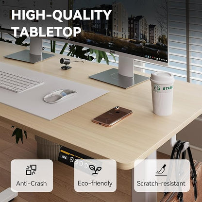 Electric Standing Desk,48x24 Inches Adjustable Height Stand up Desk, Sit Stand Home Office Desk with Splice Board, 3 Preset Heights,Equipped with Hooks,Ergonomic Computer Workstation，Nature