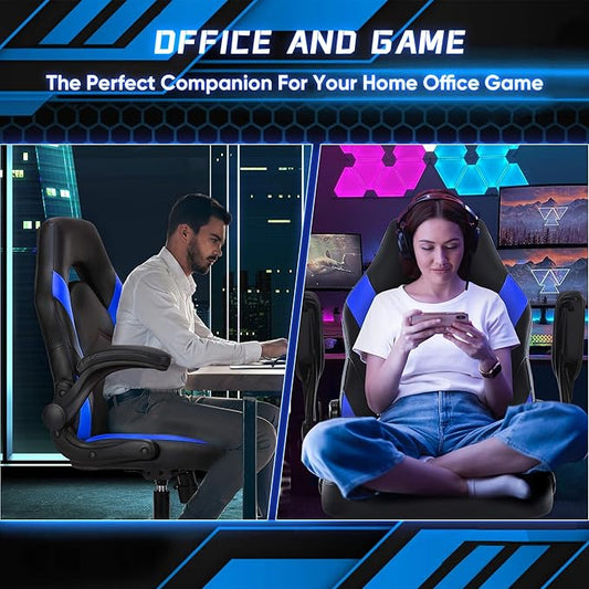 OLIXIS Computer Gaming Chair - PU Leather Ergonomic Lumbar Support with Flip-up Armrest and 360° Swivel Wheels, Height Adjustable Task Home Office Desk Video Racing, Black and Blue