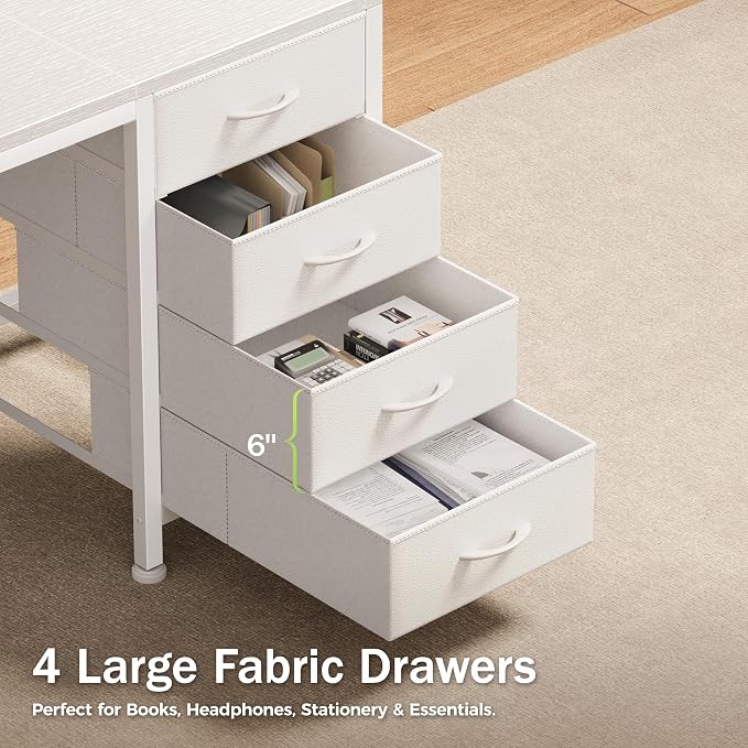 PRAISUN 55.1 Inch Computer Office Desk with Power Outelts and USB-C Port, Reversible Gaming Desk with 4 Fabric Drawers, Work Study Desk Work from Home, White