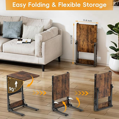Folding TV Tray Table, Small Folding Side Table with Storage Bag, Portable C Shaped End Stand for Couch Sofa Bed, Rustic Brown