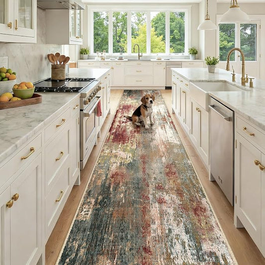 RELEANY Washable Area Rugs 3x12 Non-Slip Modern Abstract Soft for Living Room Entryway Bedroom Kitchen, Print Pattern, Brown Rust Red Green Blue Multi