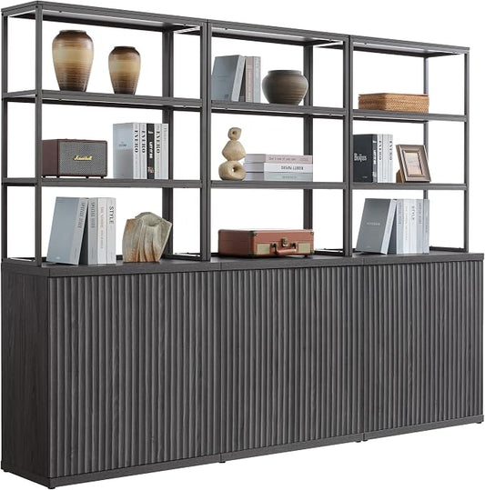 SICOTAS Fluted Book Shelf with Doors - 75" Tall Bookshelf with Storage 6 Tier Large Bookcase with Bottom Cabinet - Modern Metal Book Case for Living Room, Home Office, Kitchen, 3 Pieces