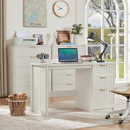 LEYAOYAO Office Desk 48" with 3 Drawers Storage File Cabinet Wood Fluted Desk for Computer Office Bedroom Home Furniture White