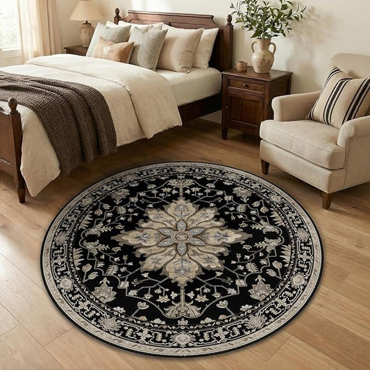 RELEANY Area Rugs Round 4ft Washable Non-Slip, Floral Vintage Distress Medallion Carpet for Living Room Bedroom Dining Room, Black Brown Neutral Dark Tan